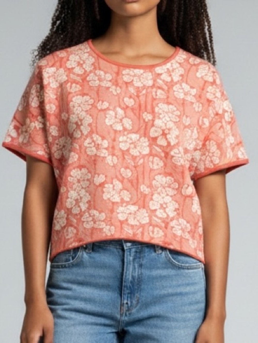 Cynthia Rowley Floral Short Sleeve Sweater Women’s Salmon White SMALL